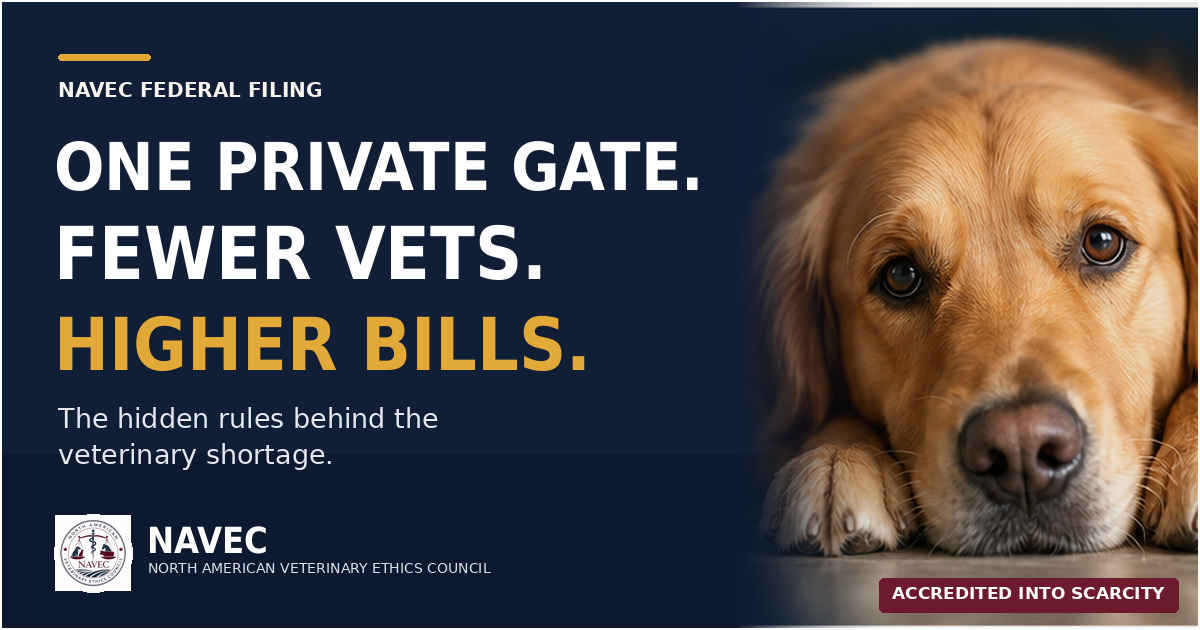 A golden retriever beside the words: One private gate. Fewer vets. Higher bills. The hidden rules behind the veterinary shortage.