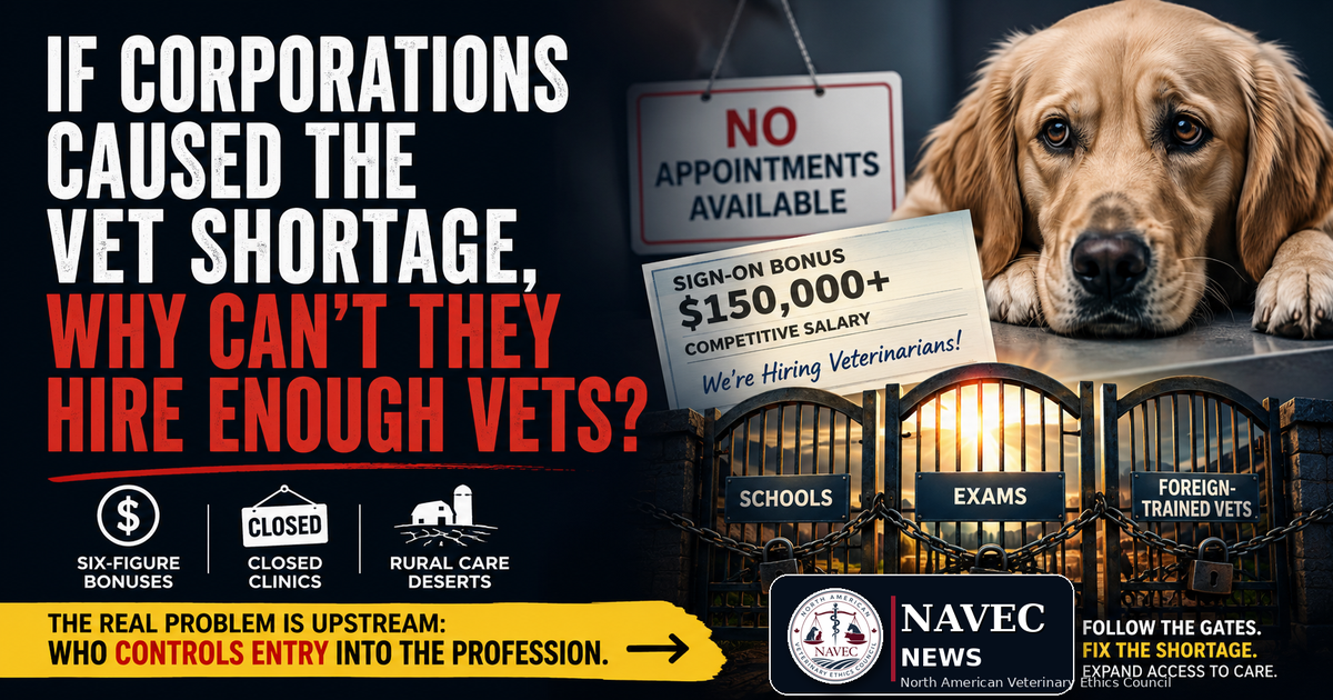 Six-figure bonuses, closed clinics, rural care deserts, AVMA/COE accreditation, ICVA/NAVLE, and foreign-trained veterinarian barriers point to a deeper supply-g