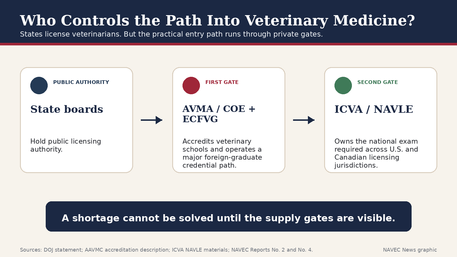 Graphic showing state boards, AVMA/COE and ECFVG, and ICVA/NAVLE as the practical entry gates into veterinary medicine.