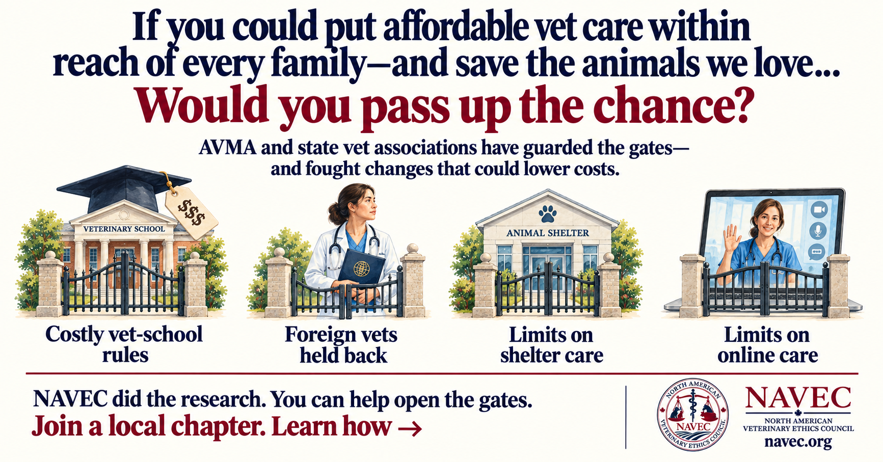 Affordable vet care for every family. Join a NAVEC chapter and help change the rules.