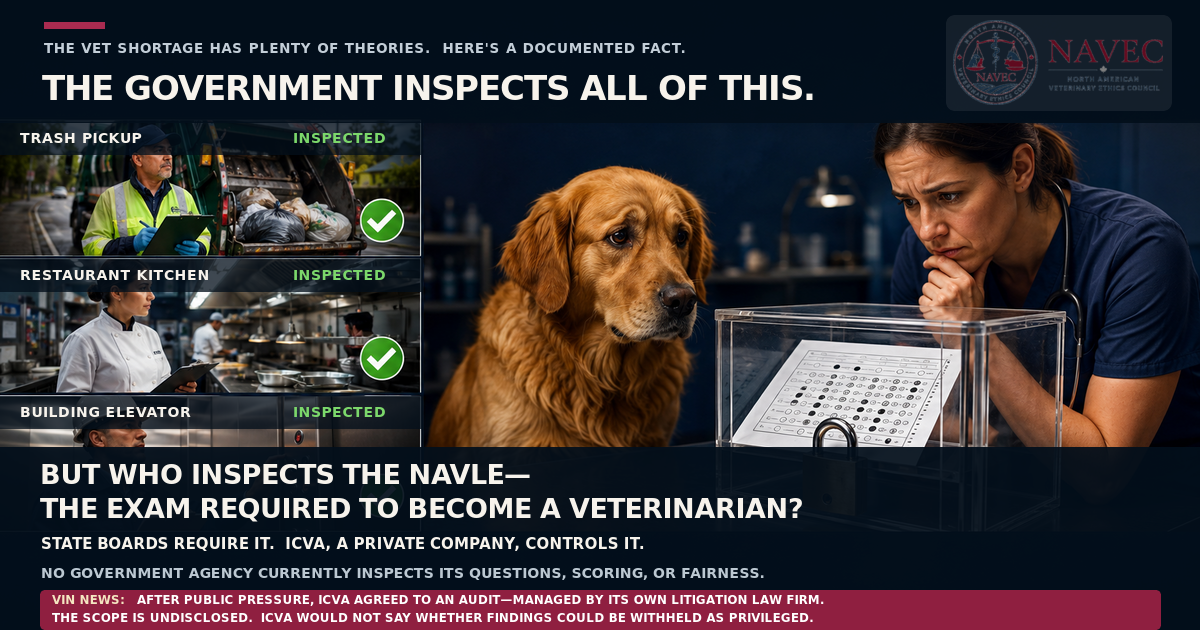 The government inspects trash pickup, restaurant kitchens, and building elevators. But who inspects the NAVLE, the exam required to become a veterinarian?