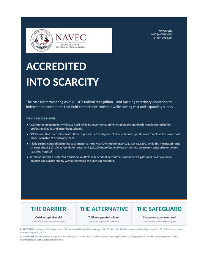 Cover of Accredited Into Scarcity, NAVEC’s federal policy filing on veterinary accreditation