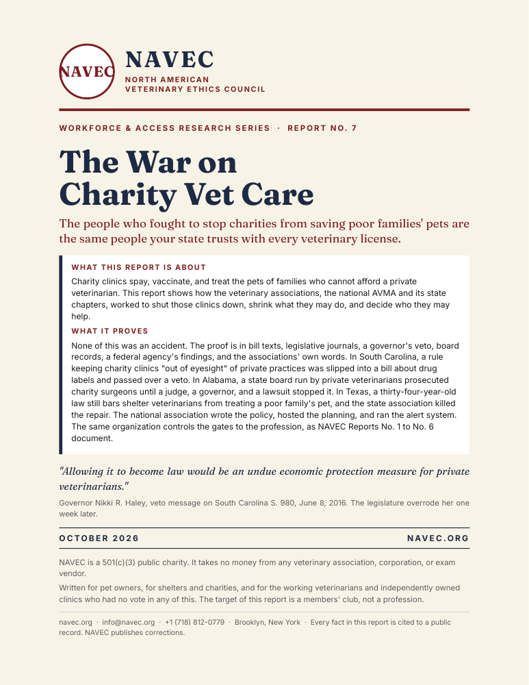 Cover of NAVEC Report No. 7, The War on Charity Vet Care