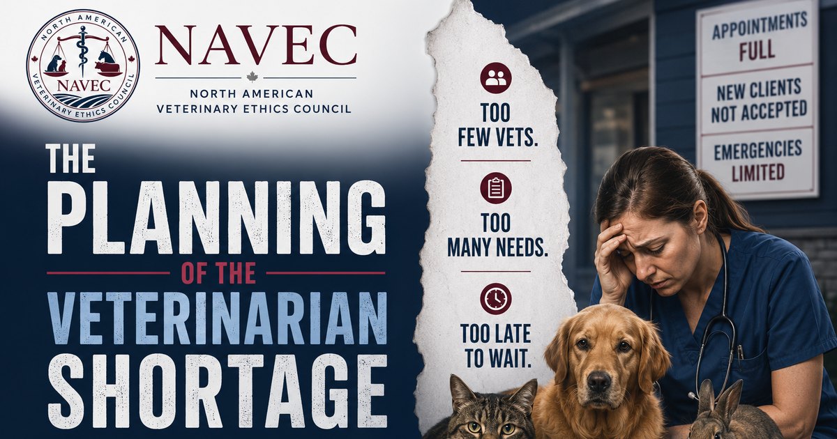 NAVEC: The Planning of the Veterinarian Shortage — too few vets, too many needs, too late to wait; a weary veterinarian beside a dog, cat, and rabbit outside a clinic with appointments full.